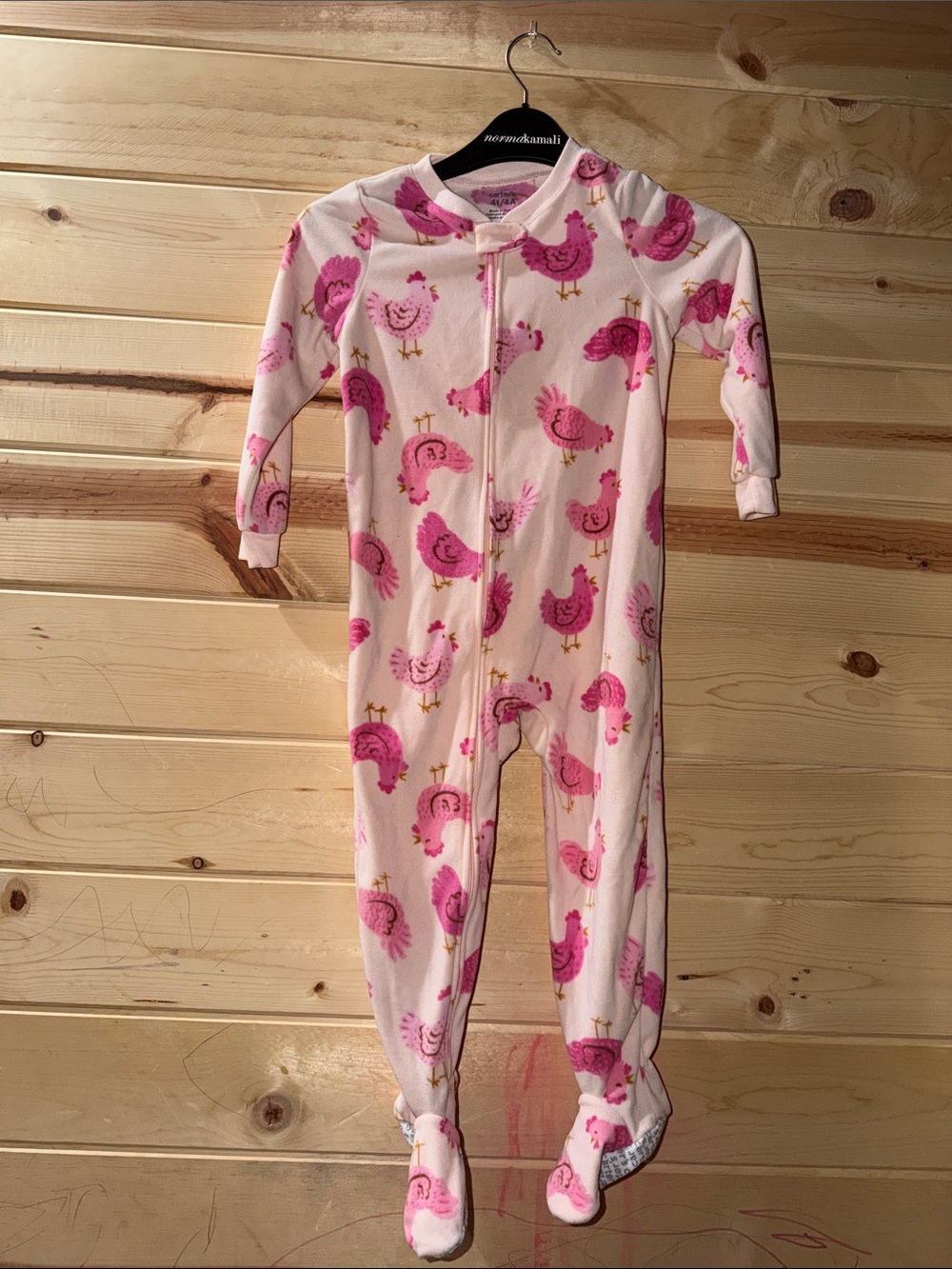 Girls Pink Chicken Print Footed One-Piece Pajamas